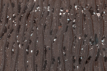 Close-up abstract view of wet beach sand showing natural ripples formed by waves, scattered small stones, and broken seashells. ,Okura, Auckland, New Zealand