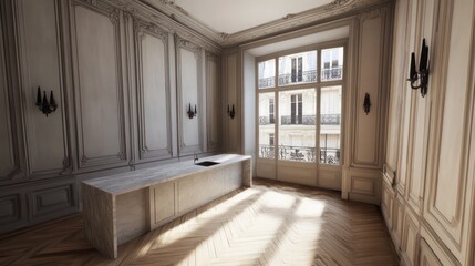 A sunlit, elegant interior space with ornate details.