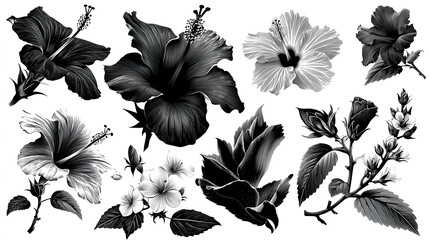 Monochrome Hibiscus Flower Illustration: Elegant Black and White Floral Art for Nature Lovers