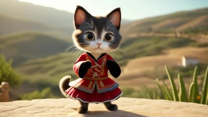 Kitten in Spanish costume: "3D rendering of a cute kitten with big round eyes, dressed in a red and black Spanish folk costume, dancing on its hind legs. A colorful Spanish landscape is in the backgro - Powered by Adobe