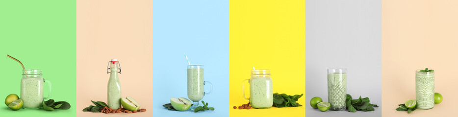 Collage of fresh green smoothie on color background