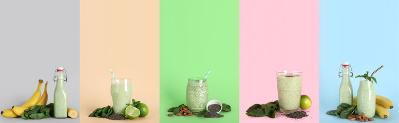 Set of fresh green smoothie on color background