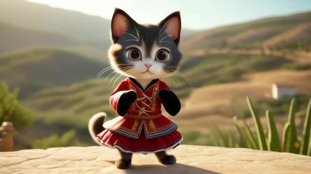 Kitten in Spanish costume: "3D rendering of a cute kitten with big round eyes, dressed in a red and black Spanish folk costume, dancing on its hind legs. A colorful Spanish landscape is in the backgro