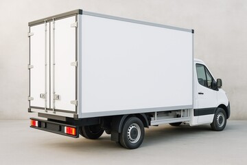 Rear Angle View of White Box Truck on Minimalist Concrete Background