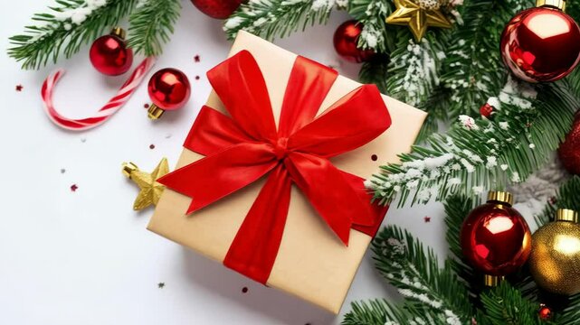 Festive gift box with bright red bow, decorated with evergreen boughs, ornaments and candy cane on white surface for holiday celebrations.