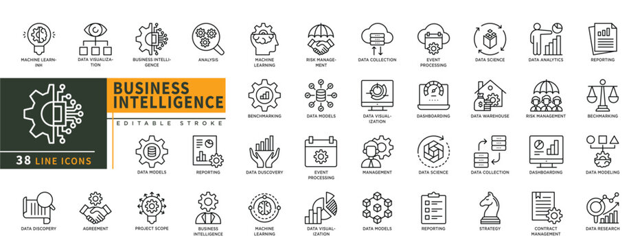 Minimalist Business Intelligence line icons set with editable stroke, featuring machine learning, data visualization, models, agreement, project scope, benchmarking, report. thin linear illustration.