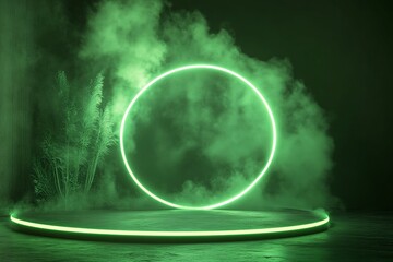 Green Neon Rings and Platform with Plants in Smoky Setting
