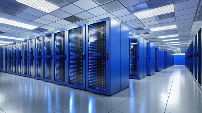 Spacious modern data center with rows of glowing blue server racks in a clean white environment, representing cloud computing, IT infrastructure, and secure digital storage facilities