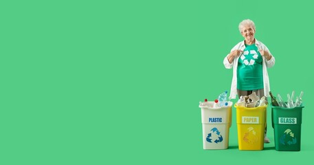Senior female volunteer sorting garbage on green background with space for text. Recycling concept