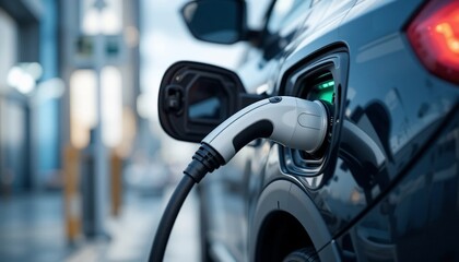 Electric Vehicle Charging Station Close up of EV Charging Cable Plugged into Modern Car