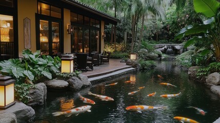 Obraz premium Tranquil outdoor patio area with koi pond, lush greenery, and a modern Asian-style building