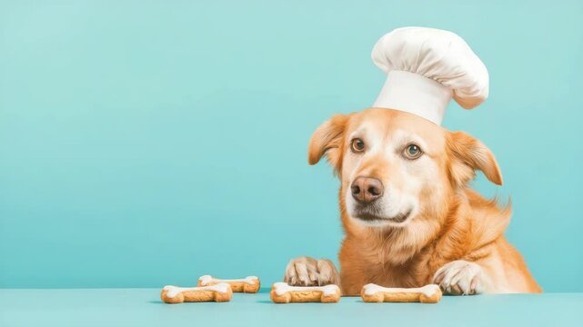 Chef dog with bones on a blue background.