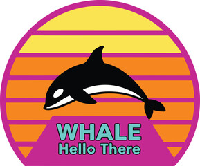 A graphic of a whale with a sunset background inside of a magenta circle with text at the bottom