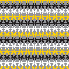 Doodle abstract pattern vector design. White, black and yellow butterfly seamless background illustration over gray.