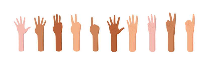 Cartoon hand count gestures in a flat style set. Various finger and palm positions ideal for counting numbers. Includes diverse bare arm and kid gestures. Great for educational use preschool child