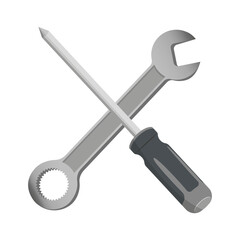 Wrench screwdriver icon. Crossed tool vector. Mechanical repair symbol. Gray hardware shape.