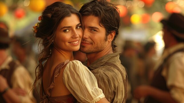 Festive Spanish event: cultural tradition, joyous occasion, lively entertainment, folkloric costume, rhythmic dance, musical expression, cheerful mood, dynamic revelry, authentic enjoyment