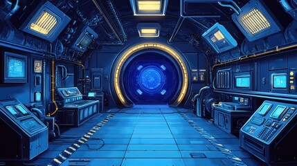 Fototapeta premium Futuristic, dark blue corridor with glowing portal