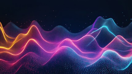 Abstract, vibrant, colorful wave patterns of glowing particles on a dark background