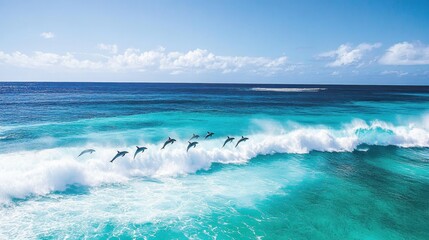 Dolphins leap over turquoise waves. Sunny ocean scene