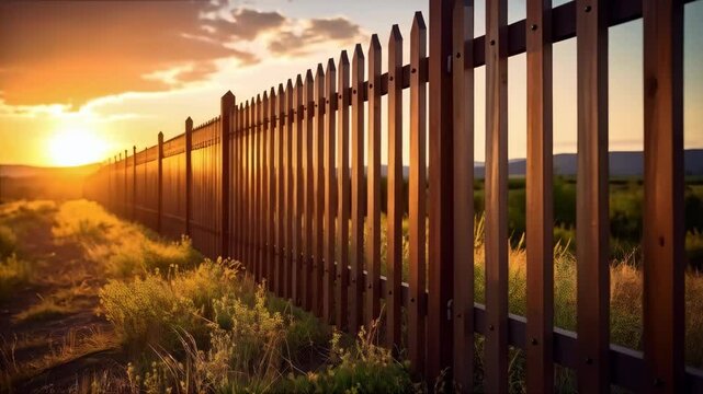 Rural landscape featuring a long wooden fence stretching into distance at golden hour sunset, highlighting rustic charm and countryside tranquility