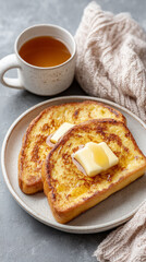 Delicious french toast with melting butter and tea for a cozy breakfast scene