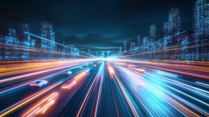 Fast-moving city highway at night with digital overlays