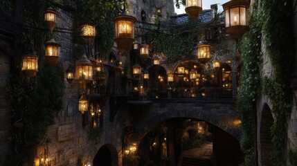 Medieval courtyard, lit by hanging lanterns, overgrown with vines