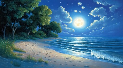 Moonlit beach scene with trees