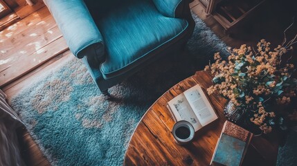 Cozy room interior with armchair, rug, and coffee table