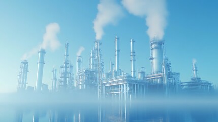 Obraz premium Industrial Complex by the Sea: A Misty Morning at the Refinery