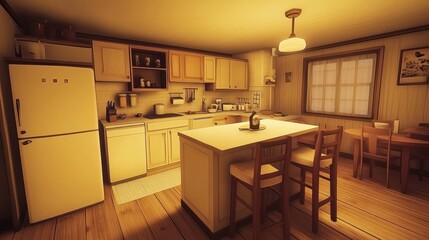 A cozy kitchen with vintage appliances and wooden floors.