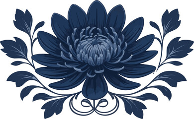"Elegant Floral Vector Illustration &ndash; Stylized Blue Blossom with Decorative Leaves for Classic Art, Fabric Prints, and Digital Design"