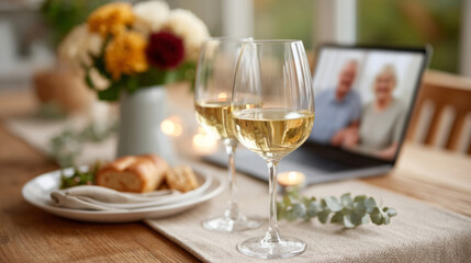 Fototapeta premium Virtual gathering with wine and snacks on elegant table setting for online social event