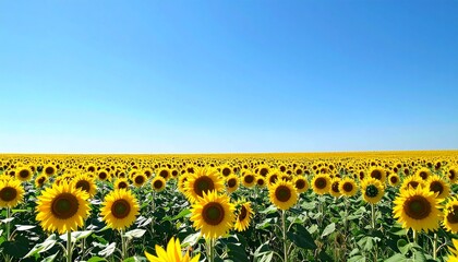 Obraz premium 一面に咲くひまわりが太陽に向かって伸びる広大な夏の野原と爽やかな青空の景色