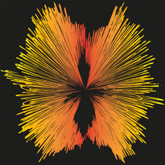 Color burst icon. Red yellow explosion. Abstract shape vector. Black background contrast.