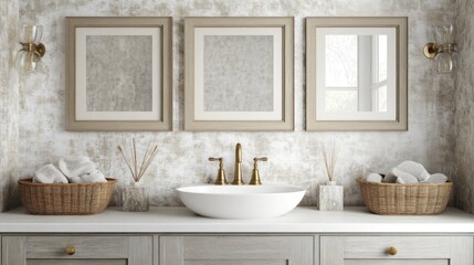 Fototapeta premium Elegant bathroom vanity with framed artwork.