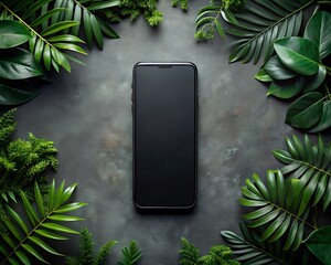 Modern Smartphone Mockup Surrounded by Lush Green Tropical Leaves on Dark Background
