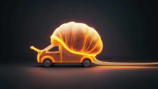 Snail-shaped truck with glowing shell on a dark background.