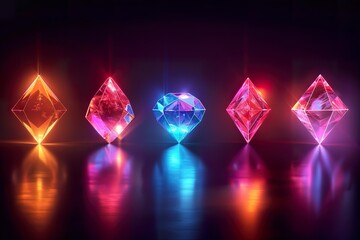 Set of glowing neon color diamonds with angular edges and dynamic gradients, isolated on black background, technology concept. Diamond-shaped light frame border. Great for branding, logos