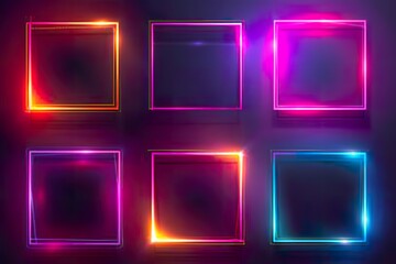 Collection of radiant neon squares with beveled edges and glowing borders, isolated on dark background, technology concept. Square light frame border. Ideal for tags, labels, and promotional designs