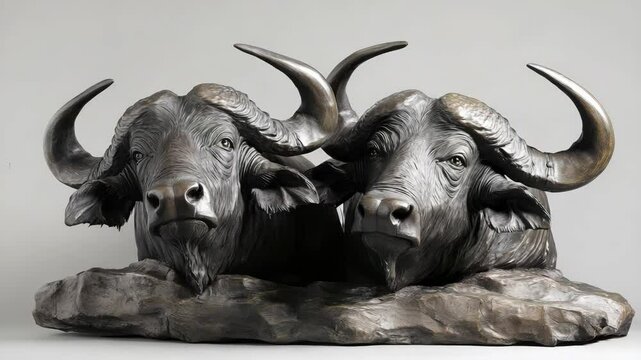 Sculpture of Two Buffalo Heads on Rock &ndash; Cinematic Video Clip