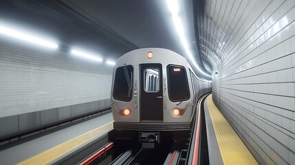 Subway Train Approaching Station in Underground Tunnel
