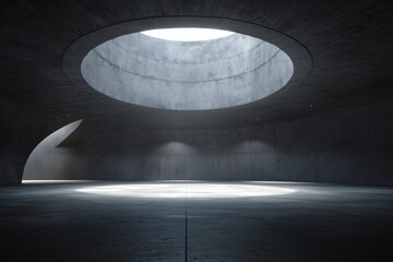 Interior space featuring a concrete dome and illuminated by natural light entering through an oculus, creating a serene and minimalist atmosphere.