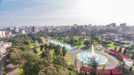 Aerial view to Park of the Reserve with magic water circuit biggest fountain complex timelapse