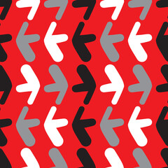 Doodle arrow pattern seamless background. White, gray and black pointer vector tile graphic over red.