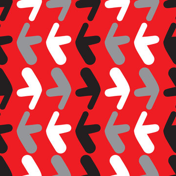 Doodle arrow pattern seamless background. White, gray and black pointer vector tile graphic over red.