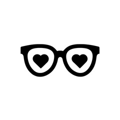 Filled black icon of heart-shaped sunglasses symbolizing romance, style, and playful fashion