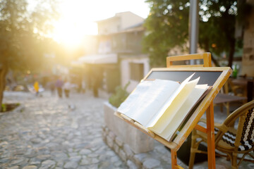 National cafe tables on the street of the Old Bar Town in Montenegro