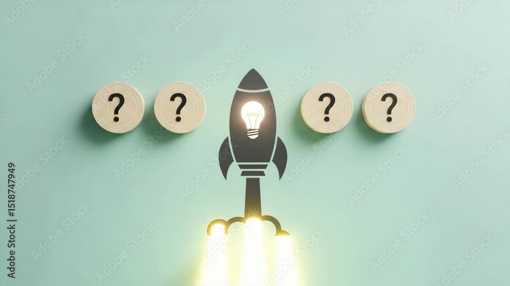 Poster rocket ship with lightbulb and question marks on light blue background flat lay concept image